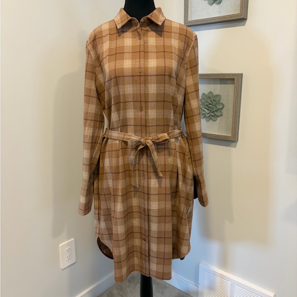 Kit and Ace Brown White & Red Plaid Long Sleeve Flannel Belted Shirt Dress NWT!